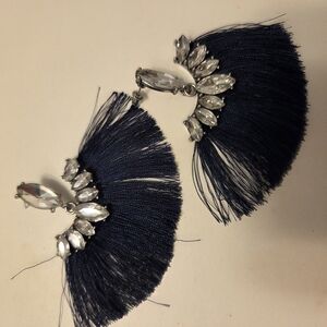 Navy Blue Tassel Earrings with Silver Accents